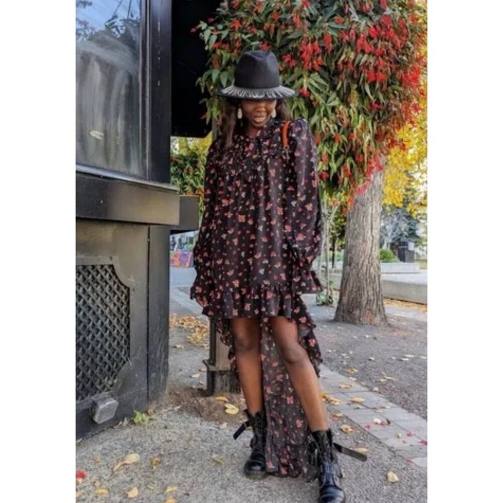 WeWoreWhat Black Floral High-Low Ruffle Maxi Dress Sz S Long Sleeves Whimsigoth - Picture 11 of 11